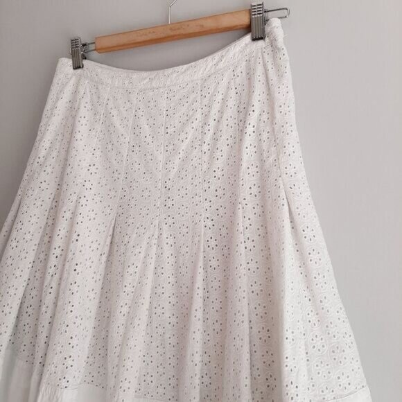 ESPRIT 100% Cotton Floral Eyelet Pleated Knee Length Skirt White Sz 4 - Picture 6 of 15